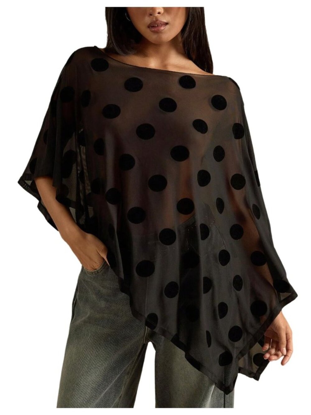 Women's Asymmetrical Sheer Poncho Polka Dots Flowy Chiffon Shawl